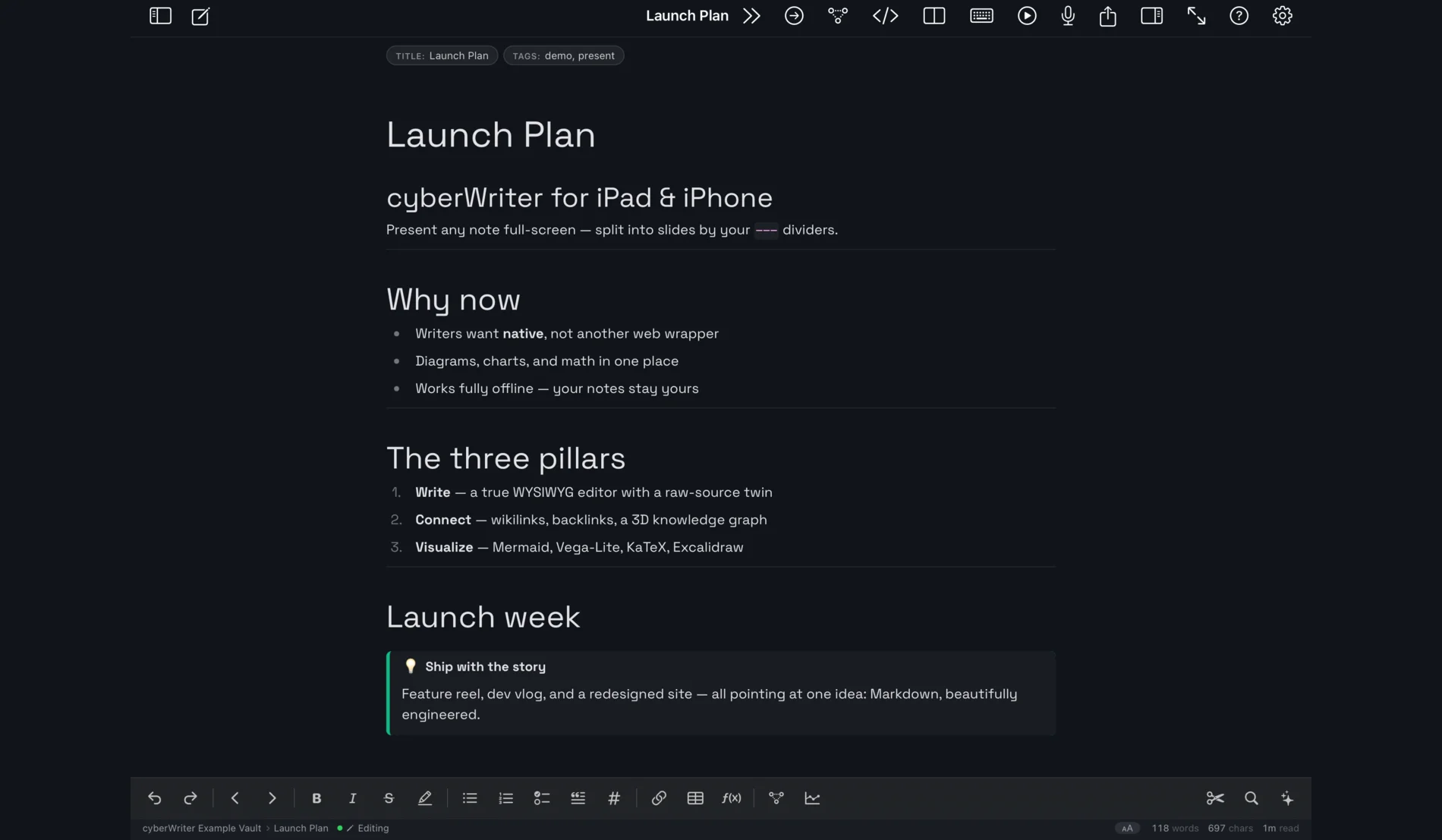 The WYSIWYG editor: headings, lists and a callout shown as formatted text, with the formatting toolbar below and the status bar reading Editing