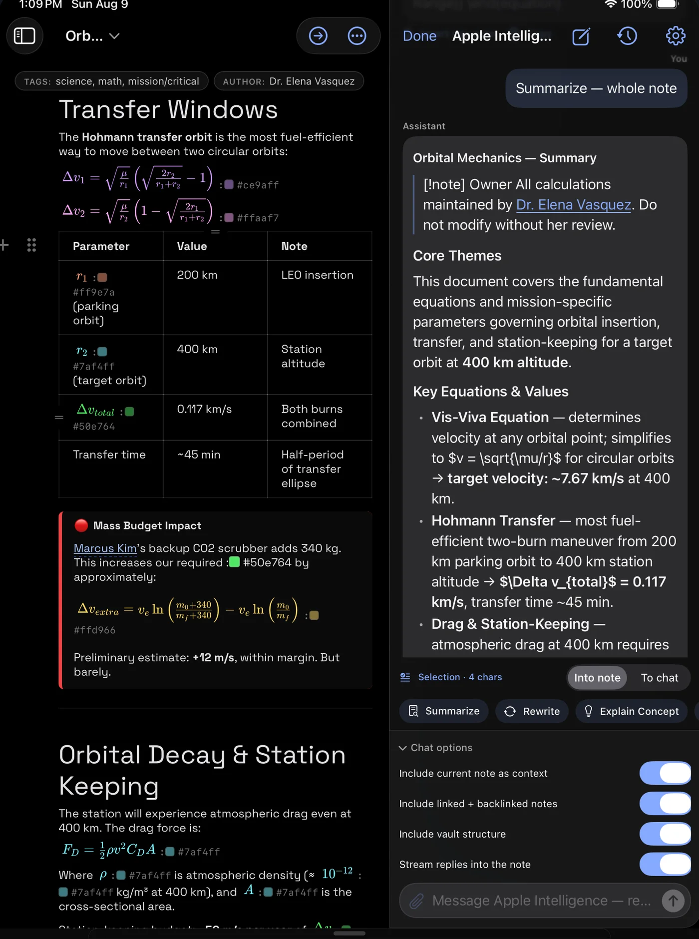Apple Intelligence summarising a note on iPad beside the document, with per-request context toggles