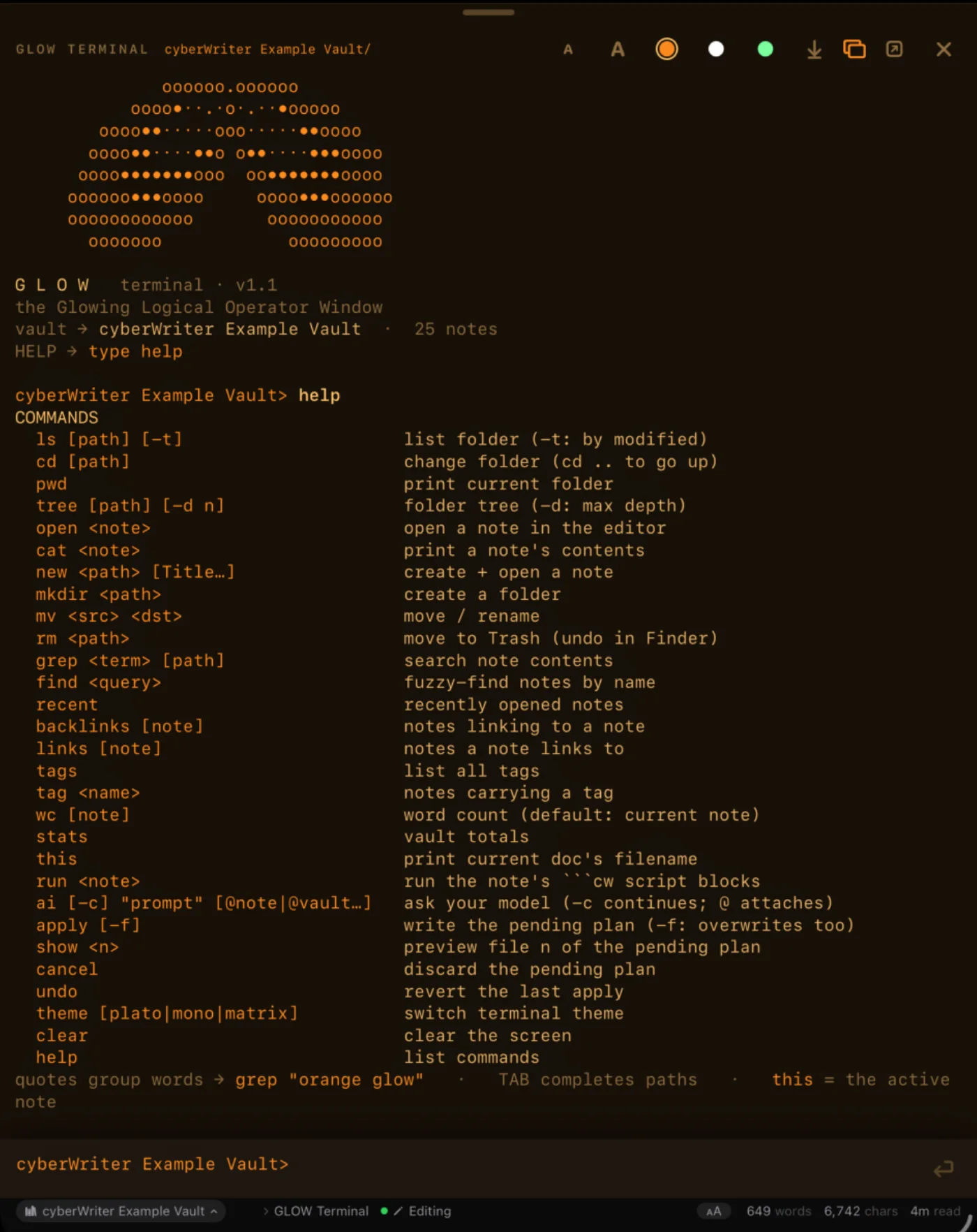 The GLOW terminal running full screen on iPad, listing its command set
