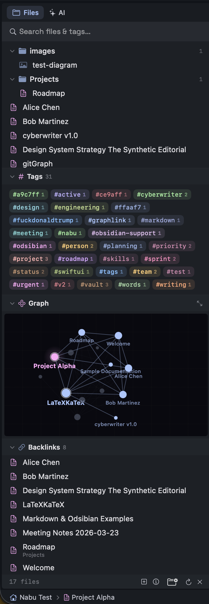 Vault sidebar with tags and graph