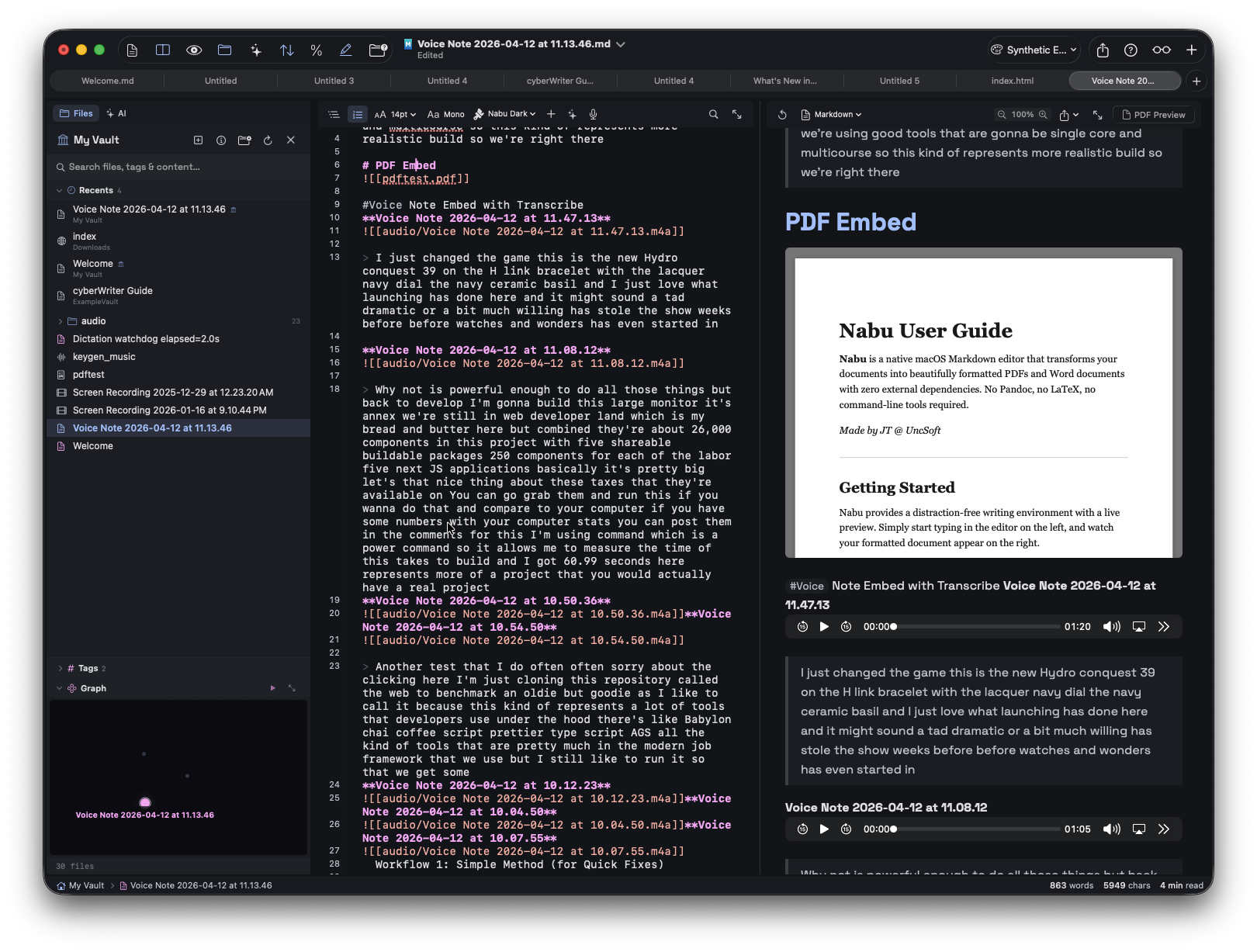 Voice recording with transcription and media embeds